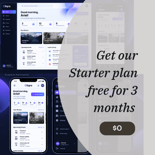 The Cliqra dashboard on desktop and mobile, with the offer: Starter plan free for 3 months
